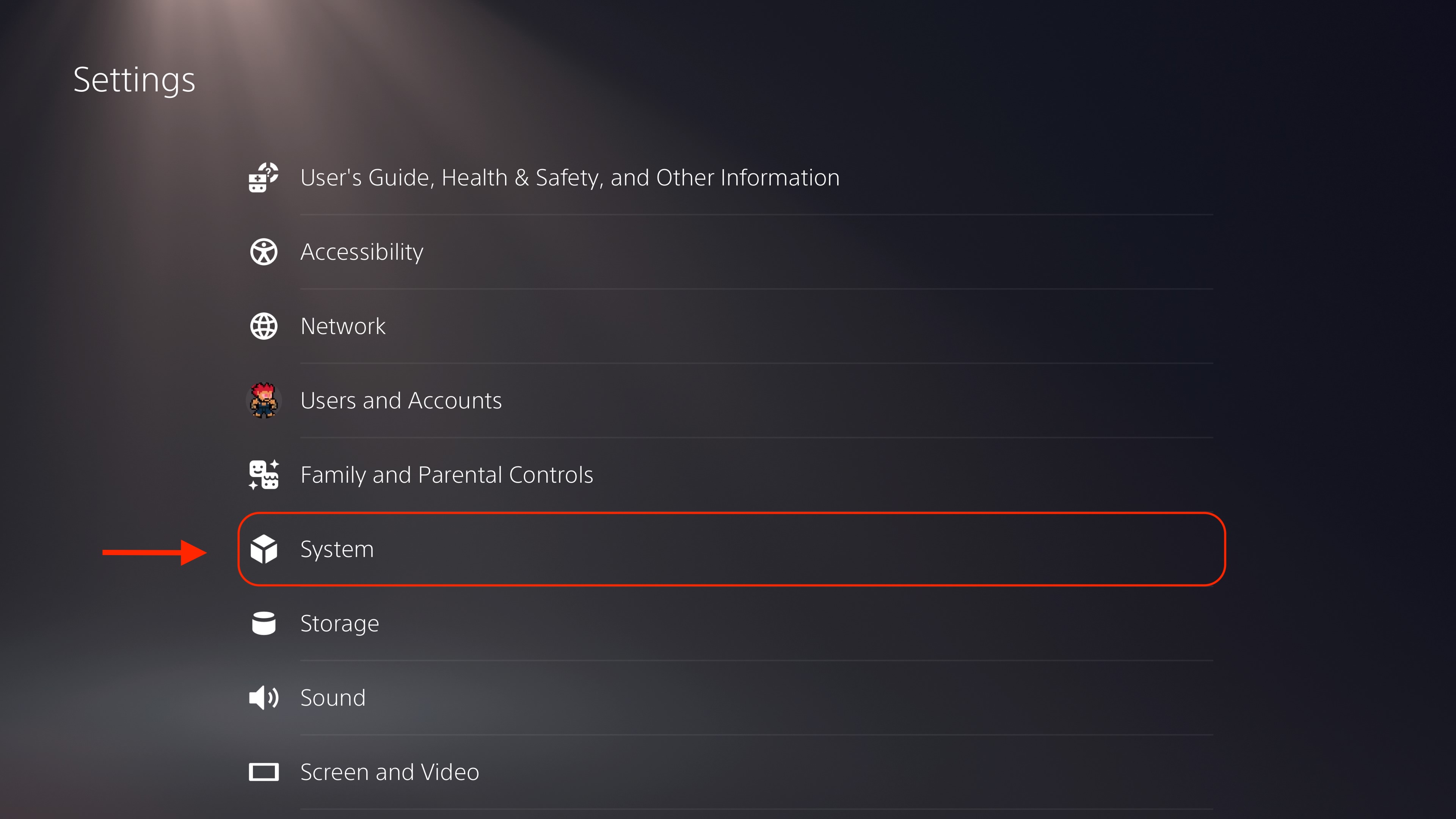 PS5 Settings menu with System highlighted